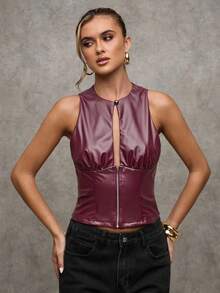 SHEIN BAE Chaleco de mujer con cremallera delantera calada, de verano - Burdeos - Ver 4