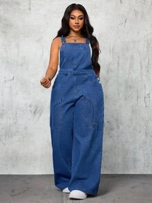 Slaydiva Plus Size Women Cowgirl Outfit Blue Denim Loose Fit Bib Overall Pants, Rodeo Outfits For Women Autumn