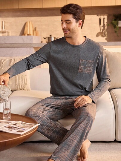 Manfinity Underwear&Sleepwear Basics 2PCS Men's Plaid Pocket Long Sleeve Top And Pants Pajama Set For Men Loungewear PJ Sleepwear, Fall Winter Clothes