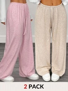 SHEIN PETITE 2pcs Women Solid Color Drawstring Waist Loose Casual Wide Leg Pants