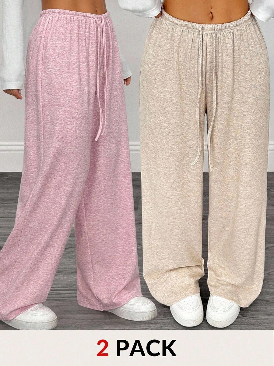 SHEIN PETITE 2pcs Women Solid Color Drawstring Waist Loose Casual Wide Leg Pants