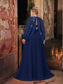 Glamrae 加大码夏季优雅浪漫甜心领可拆卸袖手工串珠奢华亮片拼接雪纺超长 A 字晚礼服 - 藏蓝色 - 查看 2