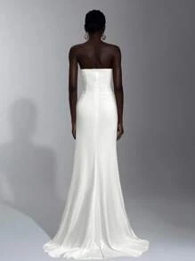 Elitara Elegant Lace Patchwork Satin Bustier With Sheer Bust, Ruched Waist, Cascading Ruffles And Fishtail Hem, Suitable For Vacation, Date, Birthday Party, Wedding, Graduation, Formal Gala, Valentine's Day - White - View 2