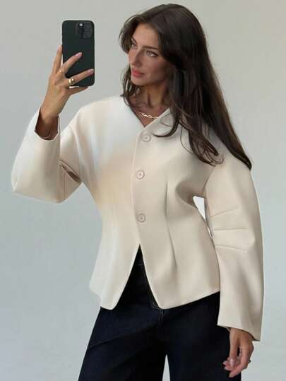 Aloruh 女士秋冬纯色单排扣落肩长袖休闲夹克