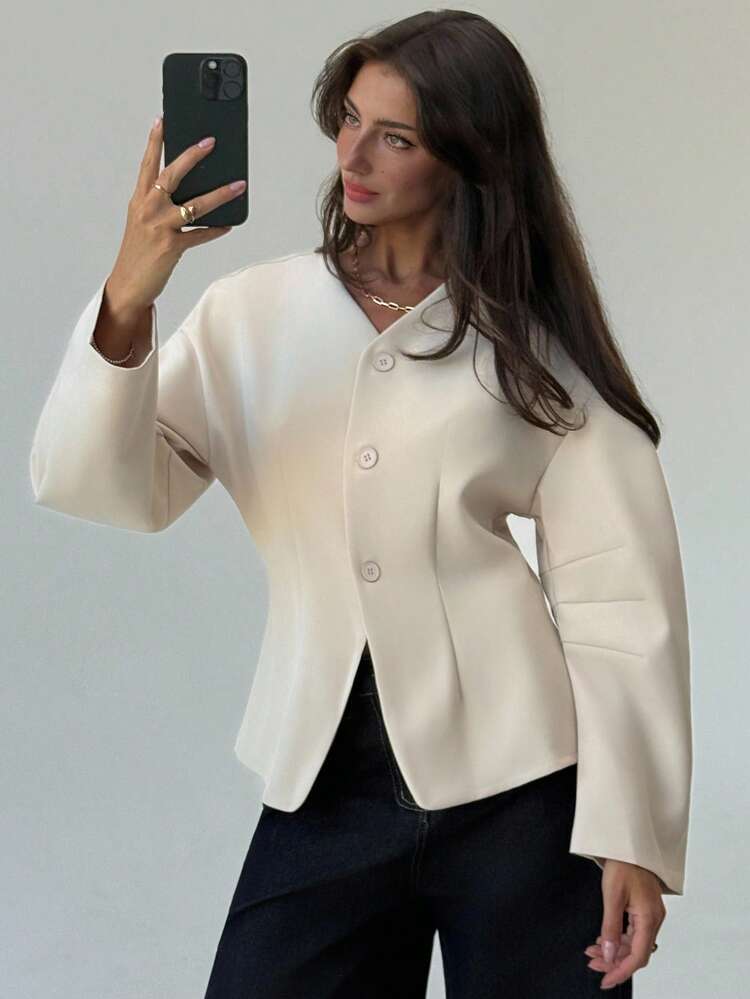 Aloruh Chaqueta casual de mujer de un solo botonadura, de hombros caídos y manga larga, de unicolor, para otoño/invierno - Rojo violeta - Añade 1