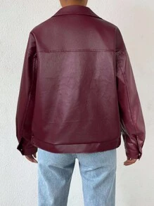 SHEIN EZwear Chaqueta de cuero corta con cremallera y hombros caídos para otoño/invierno - Rosa Roja - Ver 2