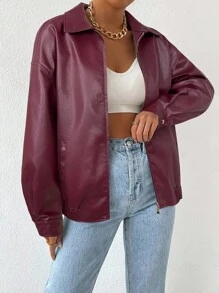 SHEIN EZwear Chaqueta de cuero corta con cremallera y hombros caídos para otoño/invierno - Rosa Roja - Ver 4
