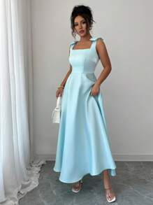 Elenzga Vestido midi de mujer con cuello cuadrado, lazo decorativo y cintura ceñida de tela suave - verde menta - Ver 6