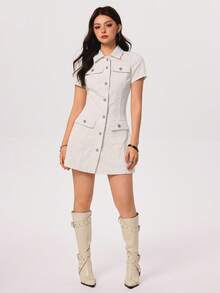 SHEIN EZwear Women's Solid Color Simple Short Sleeve Denim Dress - Apricot - View 5