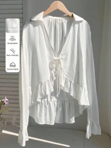 Comfortcana 女士休闲百搭白色荷叶边系带衬衫，返校白色荷叶边夏季衬衫，长袖荷叶边系带前衬衫，波西米亚风，商务休闲女装，教师装，乡村音乐会，秋季，早午餐，西部服饰