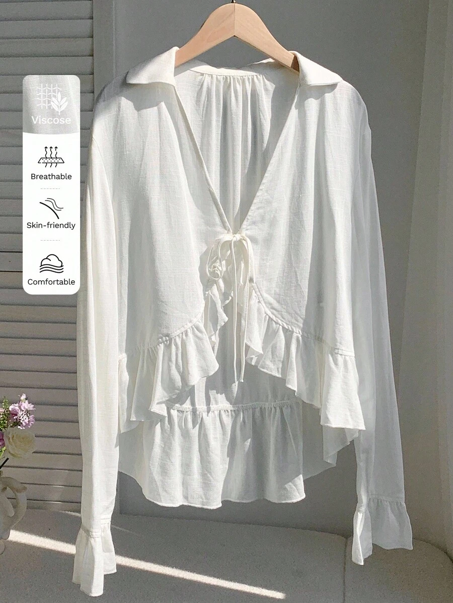 Comfortcana 女士休闲百搭白色荷叶边系带衬衫，返校白色荷叶边夏季衬衫，长袖荷叶边系带前衬衫，波西米亚风，商务休闲女装，教师装，乡村音乐会，秋季，早午餐，西部服饰