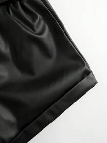 SHEIN Tween Girl Rolled Hem Belted PU Leather Shorts - Black - View 3