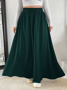 SHEIN EZwear 大码女式纯色松紧腰休闲A字裙 - 綠色 - 查看 3