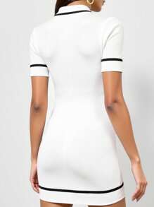 EURMUSE 优雅高领撞色条纹下摆纽扣细节假口袋短袖迷你针织连衣裙 - 黑與白 - 查看 5