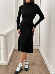 SHEIN Tall Belted Detailed Rib-Knit Solid Color Casual Frenchy Sweater Dress - Black - View 6