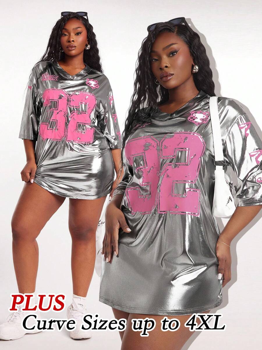 SHEIN SXY Plus Size Women Spring/Summer Sporty Metallic Silver Jersey Club Pink Bow Print Tee, Suitable For Cheering Squad, Ball Game, Date Night, Y2K,Gyaru,Y3K,Birthday, Bachelorette Party, Cute, Ibiza,Nashville,Rave,Modest,Chic,Casual, Shopping, Streetwear, Going Out