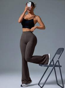 Cheerettes 女式纯色高腰喇叭休闲运动裤 - 棕色 - 查看 6