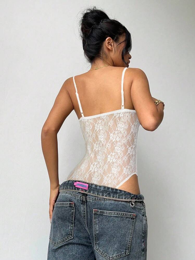 Aloruh Women's Solid Color Spaghetti Strap Lace Sexy Sheer Bodysuit - White - View 2