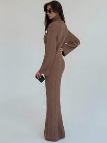 Aloruh Váy len dệt kim dài cổ cao dáng rộng phong cách retro đơn giản mùa thu mới về - Cà phê nâu - Xem 3