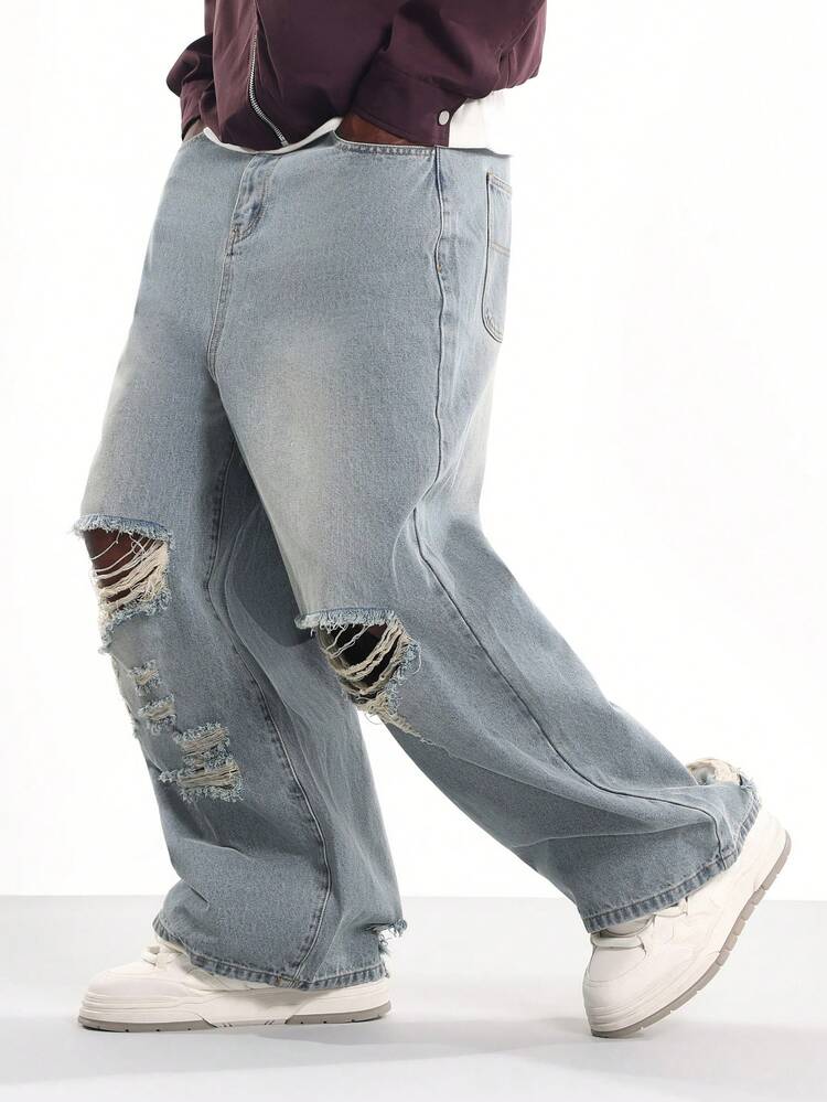 Wide Leg Distressed Denim With Raw Hem
