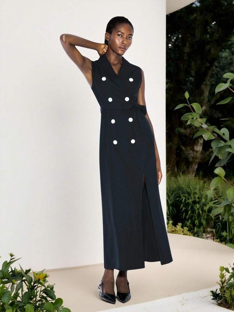 SHEIN Maija Women's Solid Color Lapel Collar Double-Breasted Waist Tie Front Sleeveless Long Dress Vest Dress Button Dress Tuxedo Dress Women Captains Dinner Dress
