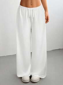 SHEIN EZwear Quần dài ống đứng lưng thấp co giãn có dây rút màu trơn cỡ lớn thường ngày - trắng - Xem 5