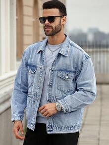 Manfinity Homme Chaqueta vaquera casual con bolsillos y efecto desgastado para hombre talla grande, otoño - Lavado ligero - Ver 4