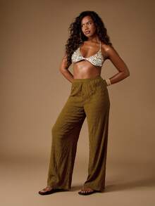 MISSGUIDED Pantalones de pierna ancha con textura, cintura elástica, ropa de playa y resort, ropa de estar en casa de vacaciones, estilo palazzo, pantalones de verano para festivales, ropa de vestir casual para vacaciones