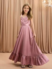 Tween Girl Elegant Luxurious Pink Spaghetti Strap Long Fitted Formal Dress, Suitable For Party, Banquet, Vacation, Evening Party, Wedding, Flower Girl, Christmas, Halloween, Performance, Birthday, Graduation, Back To School And Other Occasions - Pink - View 4