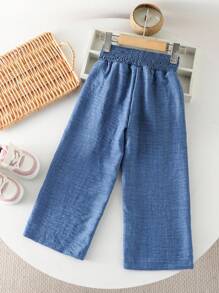 SHEIN Genkimix Kids 年轻女孩蓝色针织腰带可爱3D蝴蝶结装饰休闲裤