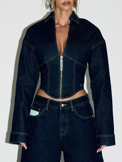 KIZN Denim Zip Front Cropped Jacket High Fashion Corset Style Y2K Retro 90s Dark Wash Long Sleeve Winter Fall Statement Piece Structured Streetwear