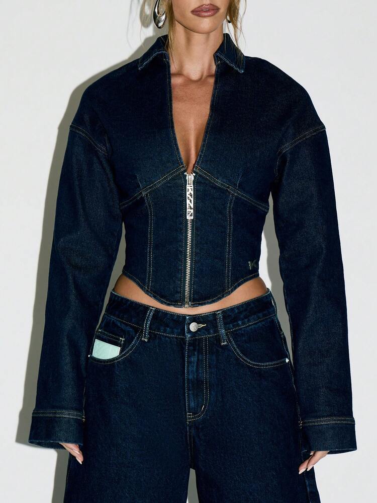 KIZN Cropped Zip Front Denim Jacket With Corset Style