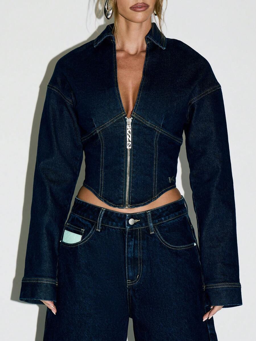 KIZN Denim Zip Front Cropped Jacket High Fashion Corset Style Y2K Retro 90s Dark Wash Long Sleeve Winter Fall Statement Piece Structured Streetwear - Dark Wash - View 1