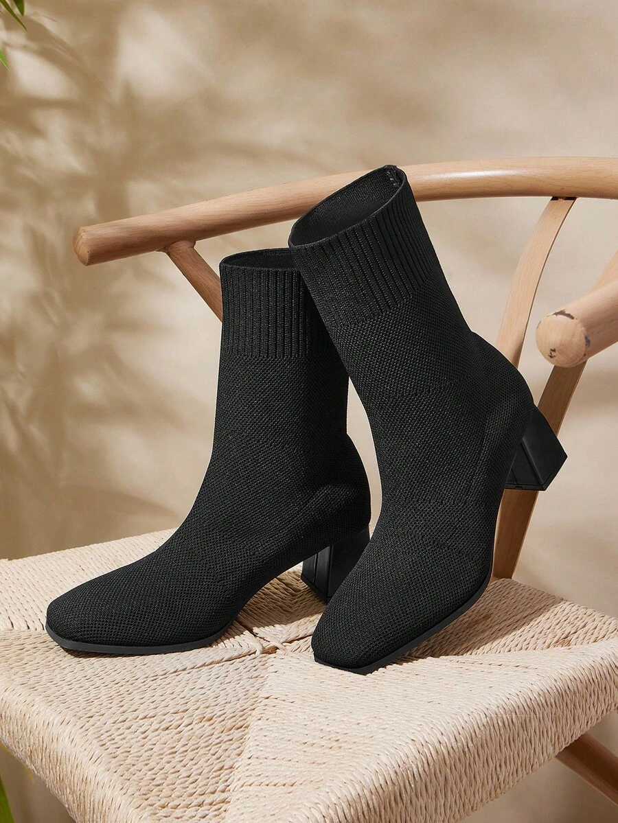 CUCCOO BASICS CUCCOO Fashion Versatile Simple Chunky Heel Ankle Boots - Black - View 1