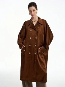 Aalyst 女士休闲通勤高端奢华亮面亚麻翻领双排扣插肩袖斜口袋中长夹克 - 鏽棕色 - 查看 4