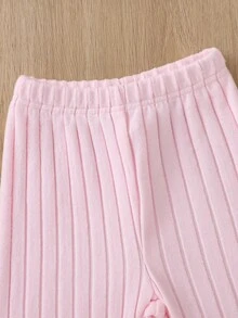 2pcs Girls Young Girl Elegant High Collar Ribbed Knit Fuzzy Fabric Long Sleeve Top And Flared Pants Set, Red, Autumn/Winter Fall - Pink - View 5