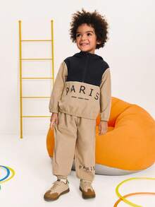 SHEIN 男童休闲连帽卫衣套装 - 卡其色 - 查看 1