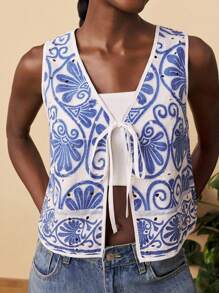 Travachic Chaleco ligero con estampado floral y lazo delantero para mujer, adecuado para vacaciones, estilo casual de verano, bohemio, playa, boho chic, festivales, salidas, estilo de vacaciones, bohemio casual, graduación, cumpleaños, esenciales de playa, aeropuerto, verano europeo, campo, vuelta al cole, homecoming, estilo old money, streetwear para mujer, Y2K, salida nocturna, otoño, invierno, lindo - Azul y blanco - Ver 8