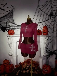 Amplova Bộ 2 mảnh đính đá chéo hình chữ thập hóa trang tiệc Halloween dành cho nữ - Màu Đỏ Sâu - Xem 3
