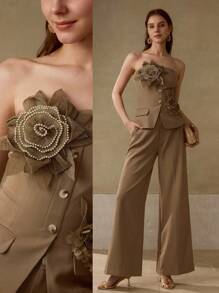 MOTF PREMIUM ملابس علوية مزينة بأزهار خرزية ثلاثية الأبعاد أنيقة للنساء - كاكي - مشاهدة 9