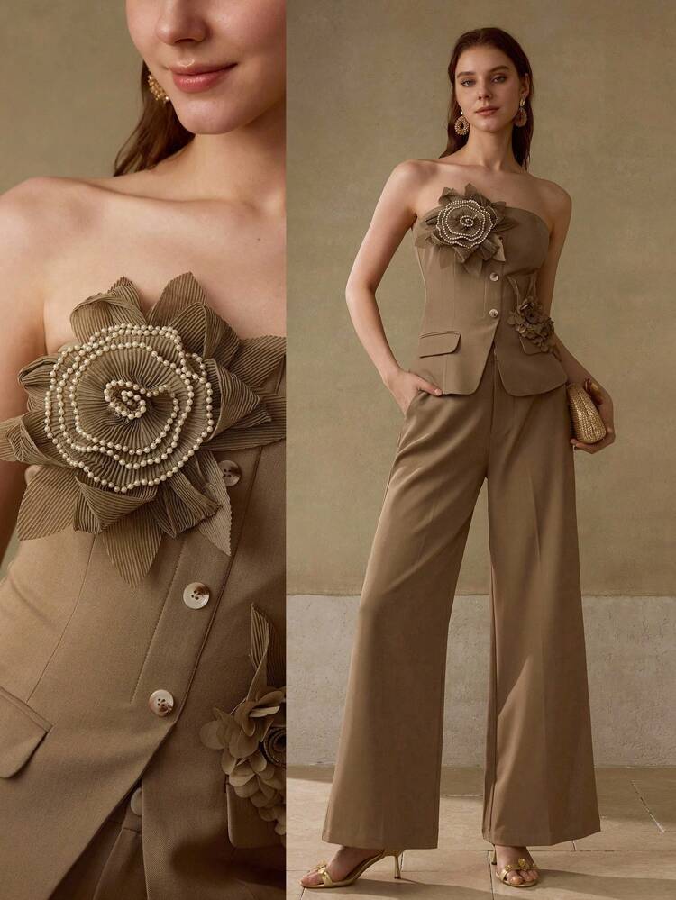 女性用 フェイクパール ステレオフラワーデコレーション エレガントチューブトップ