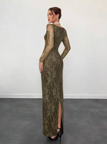 Aloruh 女士秋冬新款性感 S 形蕾丝长袖紧身胸衣美人鱼长款紧身连衣裙，适合派对、约会、晚会 - 軍綠色 - 查看 2