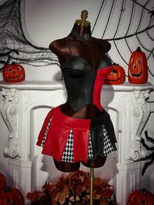 Amplova Bộ 2 trang phục chú hề Halloween với áo crop top chắp vá màu tương phản và chân váy mini xếp ly rộng - Đỏ - Xem 4