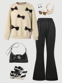 Women's Apricot Color Outfit, Apricot Sweatshirt With Black Mesh Bow, Fashionable And Cute, Paired With Ribbed Flare Pants, Stylish And Comfortable, Suitable For Going Out, Sightseeing, Attending Parties, Suitable For Spring, Autumn And Winter Fall Cloth For Women - Apricot - View 5