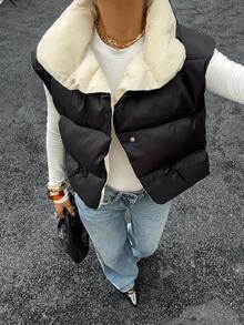 Siren Gaze 秋冬二合一双面高领加厚背心夹克，羽绒背心 - 黑色 - 查看 4