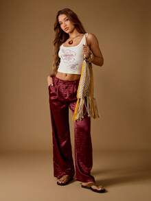 MISSGUIDED 奢华缎面阔腿裤天鹅绒酒红色褶皱高腰晚会节日正式家居服冬秋季系列正装裤 - 棕色 - 查看 3