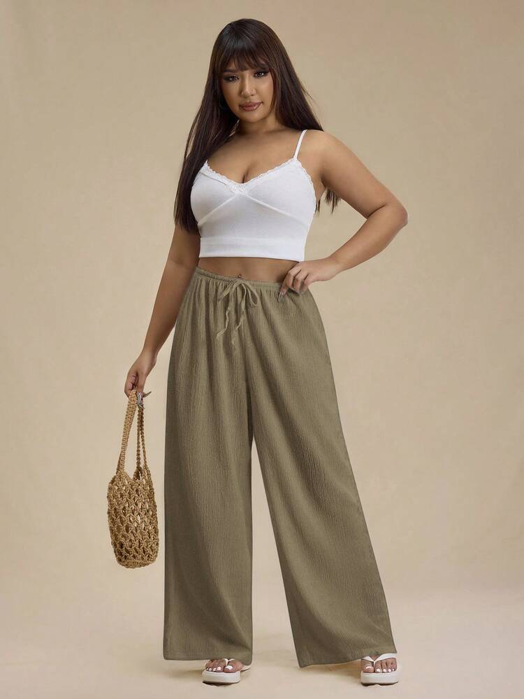SHEIN Forever 21 Plus Size Women's Solid Color Tie Waist Wide Leg Loose Casual Pants - Khaki - View 4