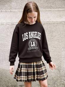 SHEIN 2pcs/Set Tween Girl Vintage Casual English Letter Print Long Sleeve Fleece Sweatshirt And Plaid Pleated Skirt Set, Suitable For Winter Daily Wear