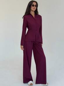 Aloruh Women's Solid Color Long Sleeve Single-Breasted Jacket And Pants Casual Suit Set In Fall/Winter - Burgundy - View 5