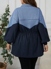 SHEIN CURVE+ 大码女式撞色落肩长袖抽绳腰休闲牛仔夹克 - 藍色 - 查看 2